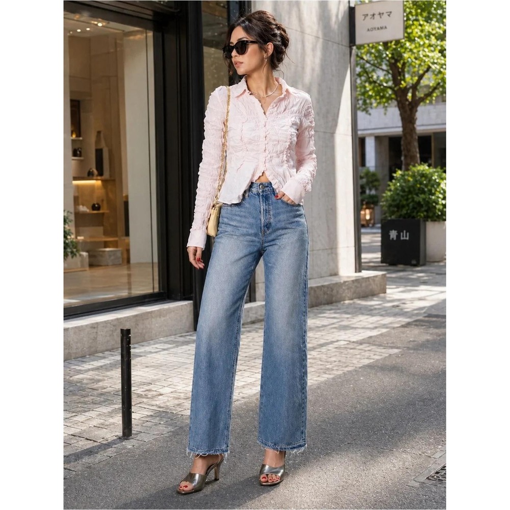 Moussy‎ Jeans Women 29 Light Blue Waipio Wide Straight Japan Raw Hem High Rise